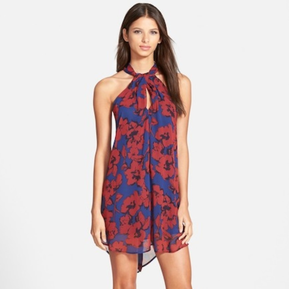 ASTR Dark Blue Keyhole Dress w/ Red Flowers